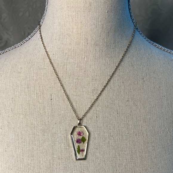 Silver Necklace with Purple Floral Coffin Pendant - Picture 1 of 6